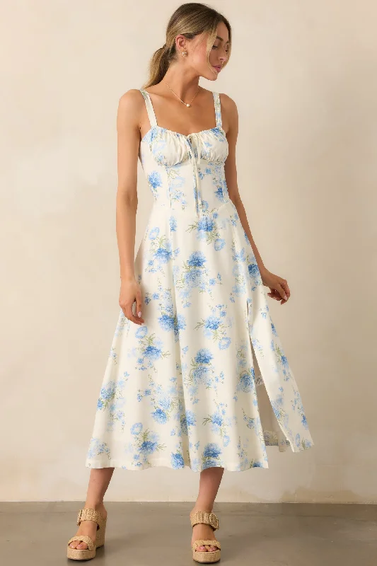 The Josephine Blue Floral Corset Midi Dress Tunics Print Colorful