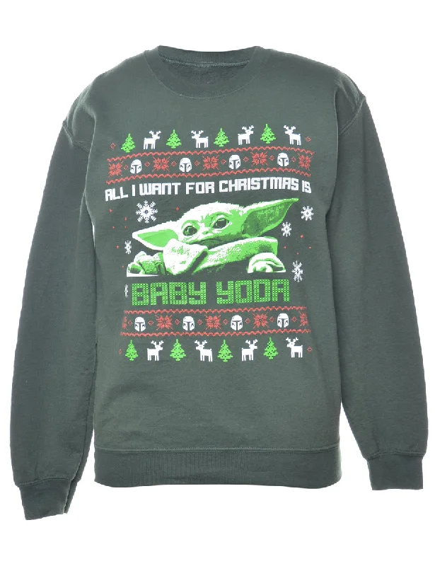 Dark Green Christmas Sweatshirt - S Hoodie with Tied Waist Feminine Flattering