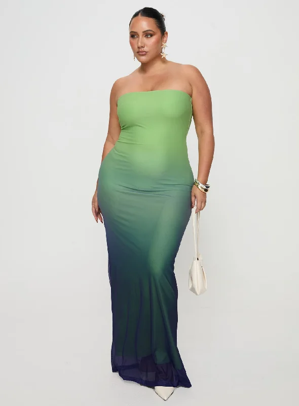 Stolen Love Strapless Maxi Dress Blue / Green Ombre Curve Pencil Office Professional