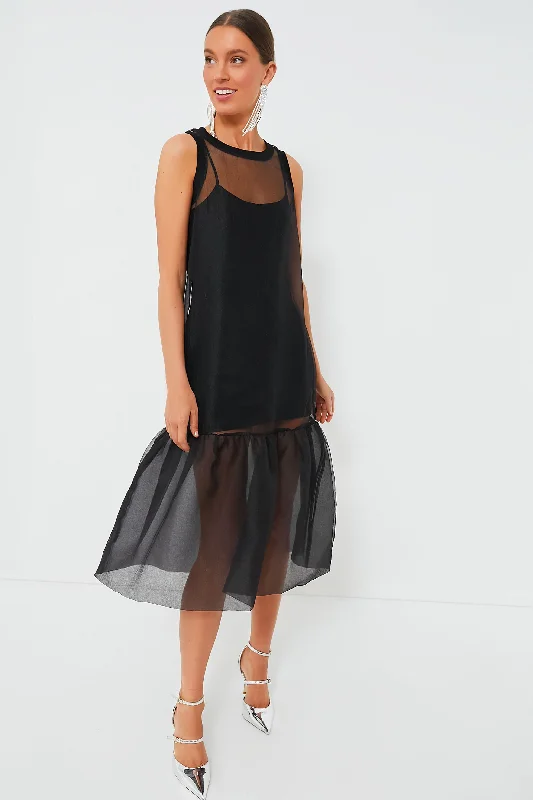 Black Midi Organza Ribbed Dress Tunics Versatile all-occasion