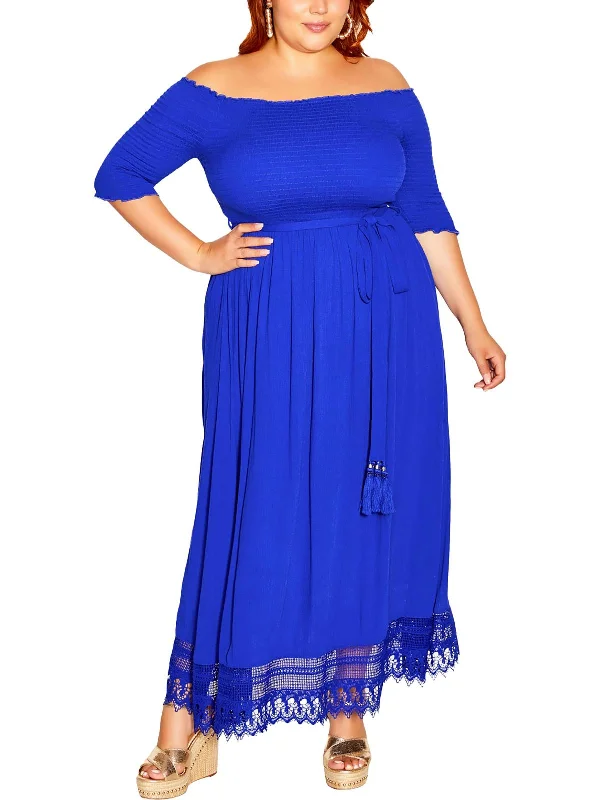 Plus Mika Womens Off-The-Shoulder Lace Trim Maxi Dress sweetheart Neckline Romantic