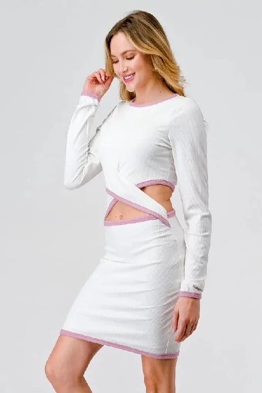 Ivory & Pink Ribbed Long Sleeve Cut-Out Criss-Cross Front Mini Dress /1-2-1-1 Tunics Chic fashionable Ivory & Pink Ribbed Long Sleeve Cut-Out Criss-Cross Front Mini Dress /1-2-1-1 Tunics Chic fashionable