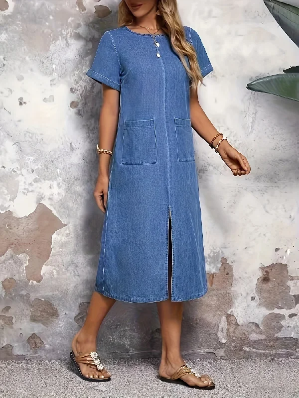 Women's Elegant Denim Midi Dress with Pockets and Front Slit - Cotton Blend, Non-Stretch, Regular Fit, Solid Color for Spring/Summer/Fall - LUNE Chic Casual Jean Dress Tunics Chic fashionable