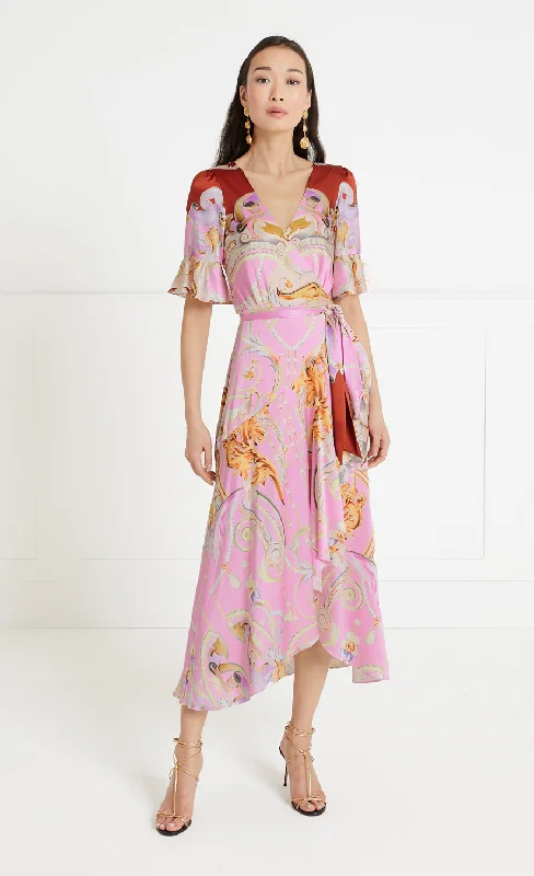 Carline Print Wrap Dress - Rose Pink Tunics Solid Classic