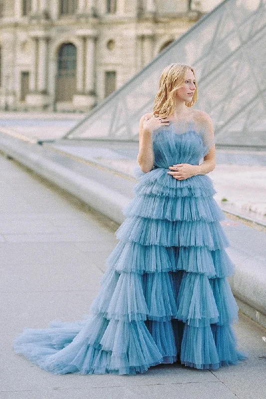 Tulle Strapless Blue Prom Gown with Tiered Skirt denim skirt durable
