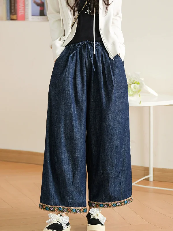 Women Spring Embroidery Hem Denim Wide-leg Pants Formal Linen Trousers