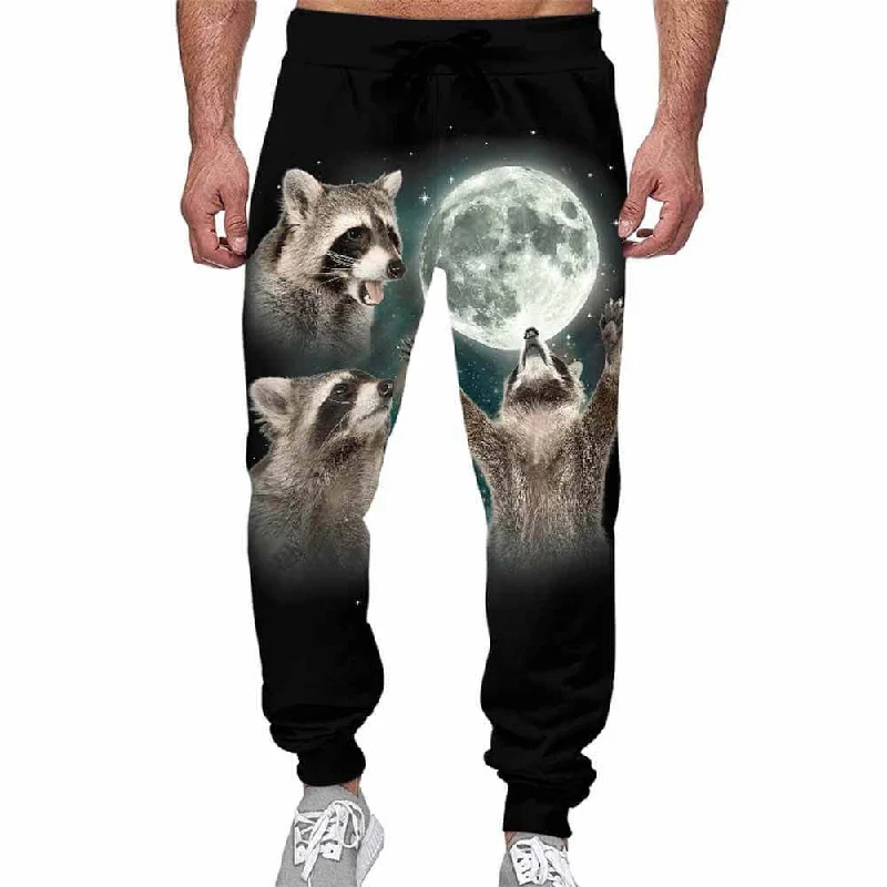 Raccoons Howling At The Moon Casual Elastic Drawstring Pants Sleek Black Pants