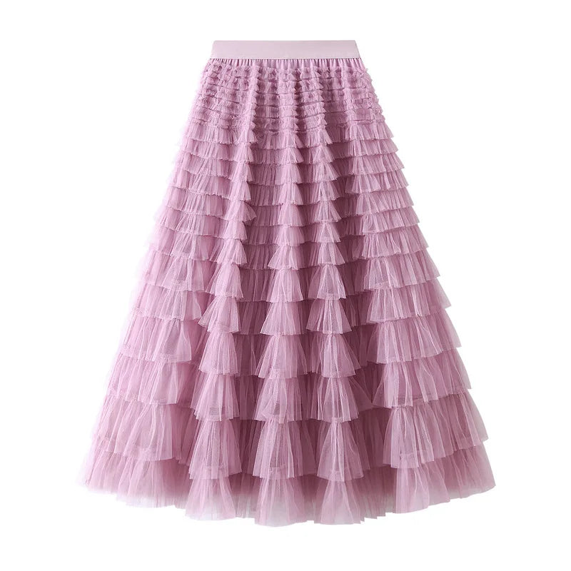 Mesh Ruffled Temperament Women Skirt Spring Summer Autumn New Fashion Long Thin Casual Daily Cake Skirt chiffon skirt airy Mesh Ruffled Temperament Women Skirt Spring Summer Autumn New Fashion Long Thin Casual Daily Cake Skirt chiffon skirt airy