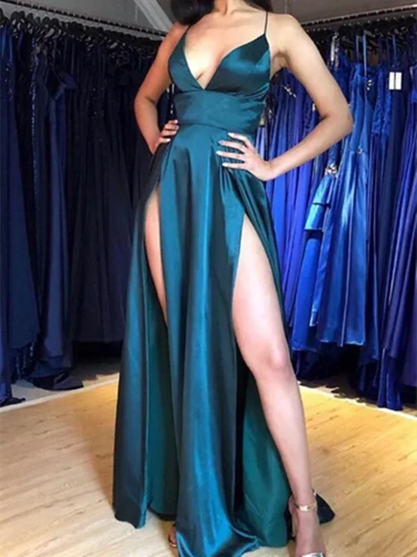Sexy V Neck Blue Satin Long Prom Dresses With Slit, Wedding Party Dresses, Blue Satin Long Formal Evening Dresses Boatneck Modish Everyday Sexy V Neck Blue Satin Long Prom Dresses With Slit, Wedding Party Dresses, Blue Satin Long Formal Evening Dresses Boatneck Modish Everyday