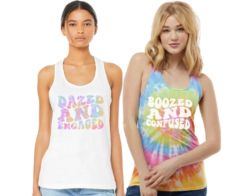 Bachelorette Party Tie Dye Tank Tops, Bride, Dazed and Engaged, Boozed and Confused Retro Graphic, cutout tank top Bachelorette Party Tie Dye Tank Tops, Bride, Dazed and Engaged, Boozed and Confused Retro Graphic, cutout tank top