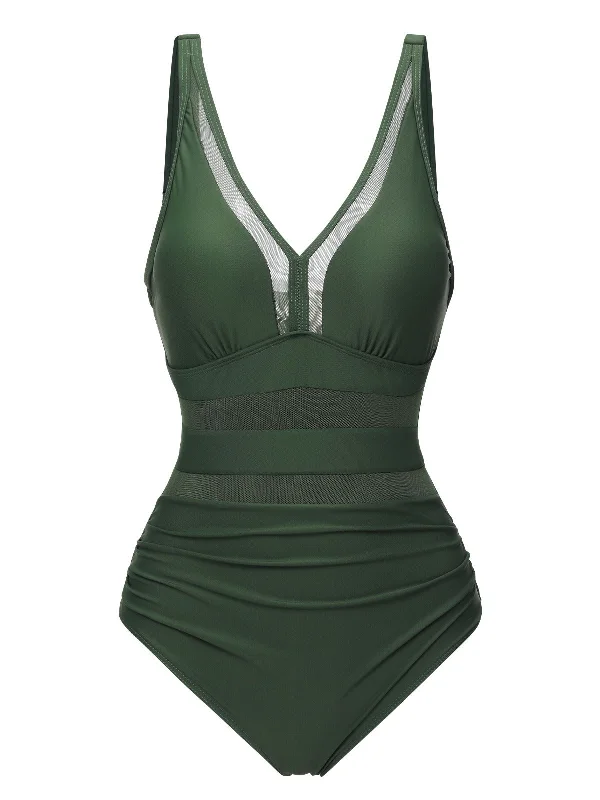 Green 1950s Solid V-Neck Lace Patchwork Swimsuit Stylish Beachwear Set