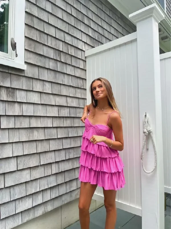 Lovely Pink Straps Tiered A-Line Homecoming Dress Mini Party Dress, DP3243 Turtleneck Neckline Stylish Lovely Pink Straps Tiered A-Line Homecoming Dress Mini Party Dress, DP3243 Turtleneck Neckline Stylish