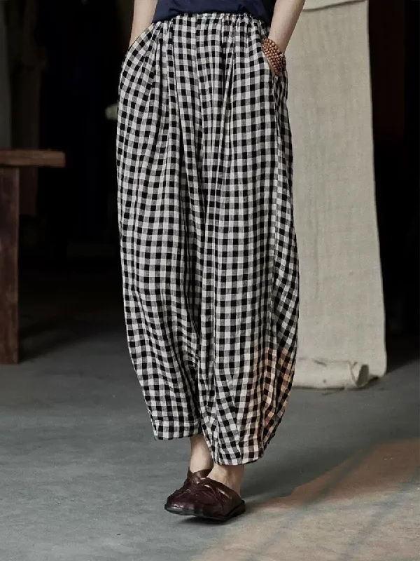 Plus Size Women Spring Casual Plaid Loose Linen Harem Pants Trendy Printed Leggings