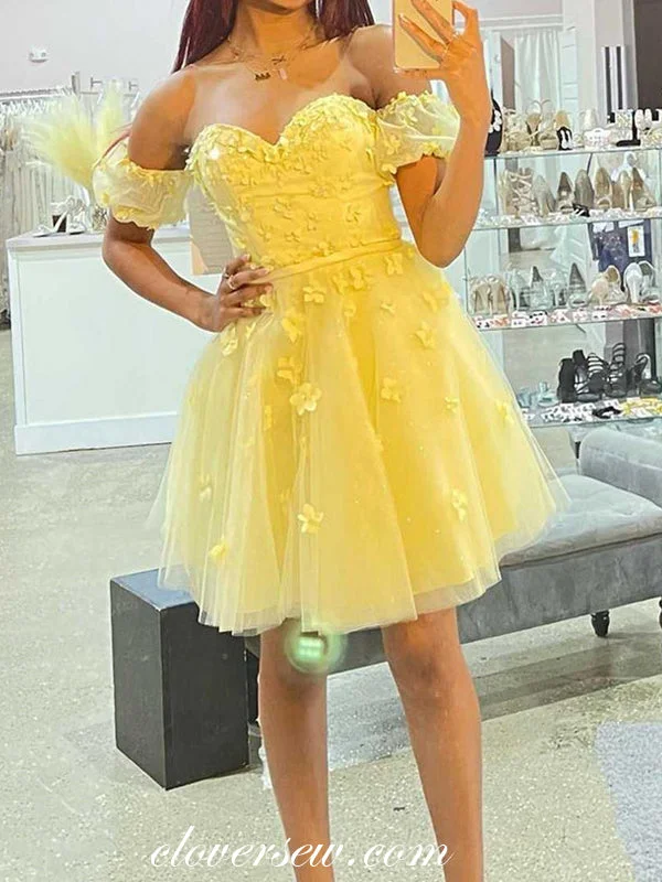Soft Yellow 3D Handmade Flowers Off The Shoulder Short Birthday Party Dresses, CH0053 Tunics Yoga stretchy Soft Yellow 3D Handmade Flowers Off The Shoulder Short Birthday Party Dresses, CH0053 Tunics Yoga stretchy