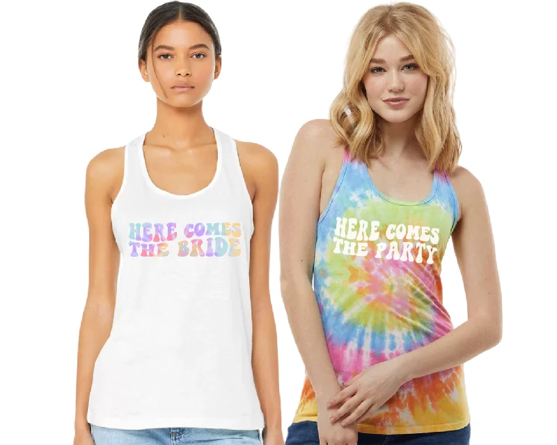 Bachelorette Party Tie Dye Tank Tops, Here Comes The Bride, Here Comes The Party, Retro Bridal Party lounge tank top Bachelorette Party Tie Dye Tank Tops, Here Comes The Bride, Here Comes The Party, Retro Bridal Party lounge tank top