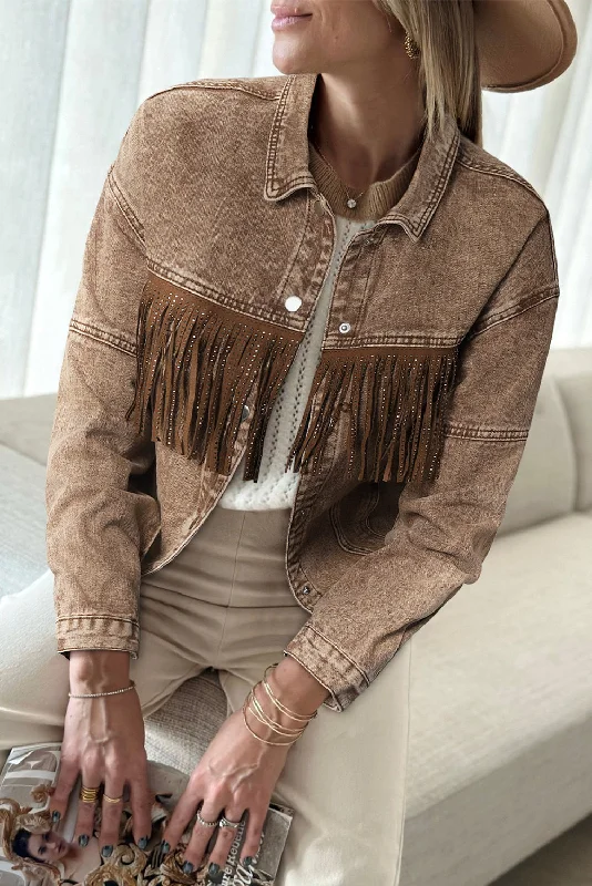 Brown Rhinestone Fringed Cowgirl Fashion Denim Jacket Denim Fabric Leather Fabric Suede Fabric Brown Rhinestone Fringed Cowgirl Fashion Denim Jacket Denim Fabric Leather Fabric Suede Fabric