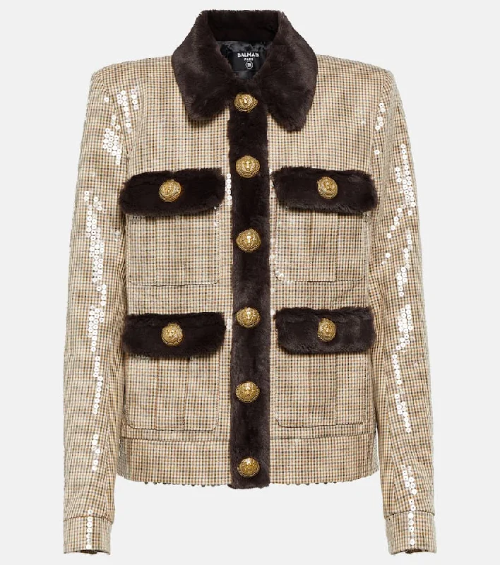 Balmain Sequined faux fur-trimmed jacket Welt Pockets Slit Pockets Flap Pockets