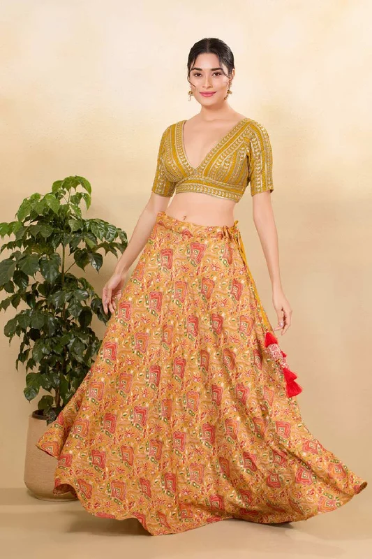 Mustard Silk Embroidered Elbow Sleeves Blouse Feminine Pastel Blouse