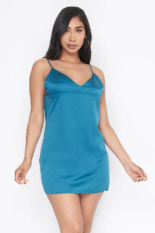 V-Neck Open Tie Back Silky Mini Dress  (D-552) Stylish Ruffle Mini Dress