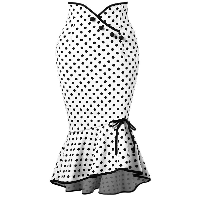 Polka Dot Button Sweet Knee Length Bow Ruffle Fishtail Women Skirt asymmetrical skirt cut Polka Dot Button Sweet Knee Length Bow Ruffle Fishtail Women Skirt asymmetrical skirt cut
