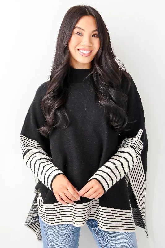 FINAL SALE - Cultivated Essential Black Striped Sweater Poncho High Neck Crew Neck V-Neck